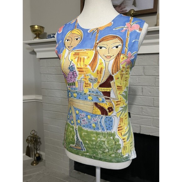 Rare Woman’s Euro Y2K Beaded Embroidered Graphic Cartoon Print Tank Size Large - Picture 3 of 7